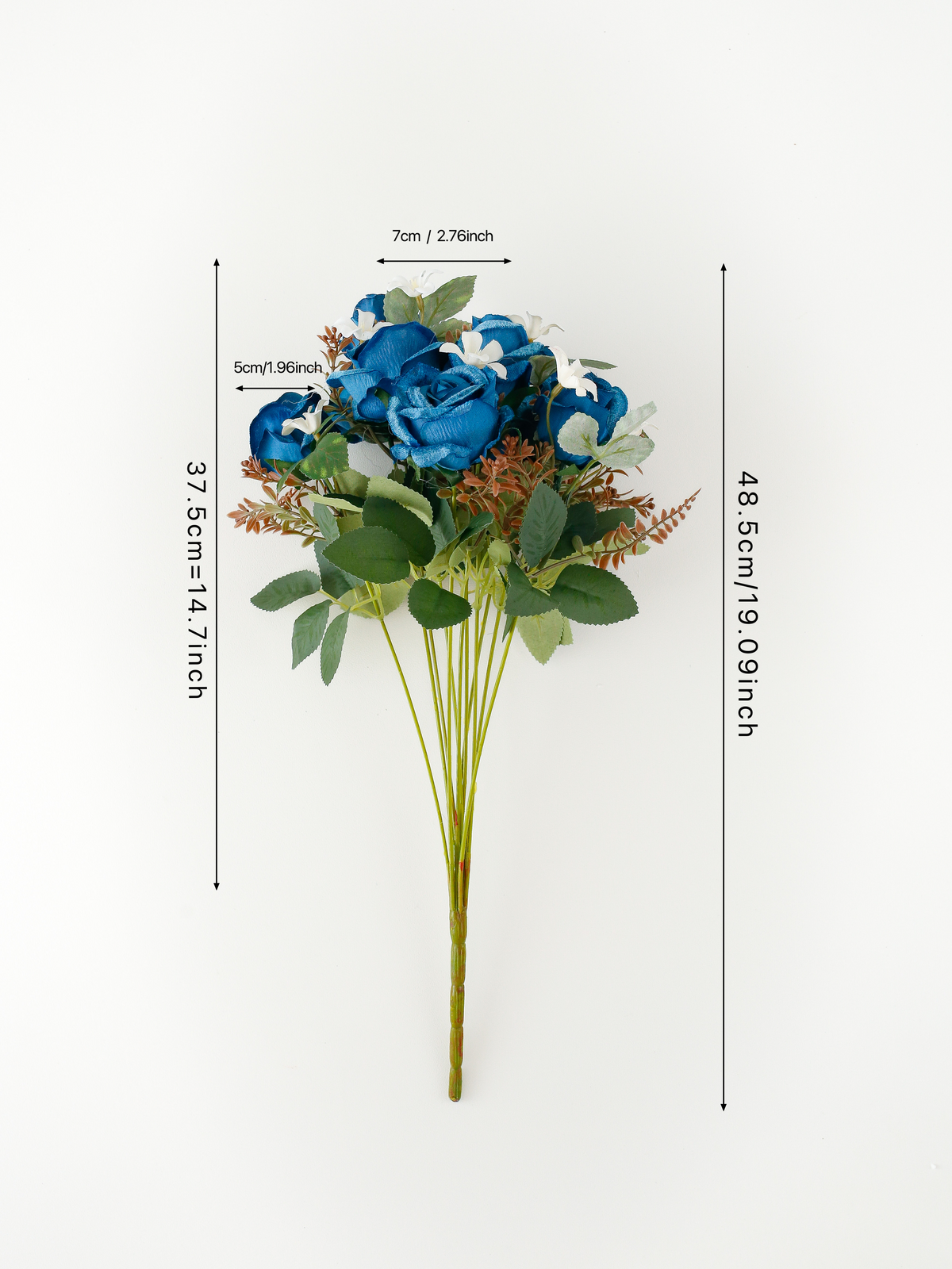 Stem of artificial blue roses showing measurements and dimensions.