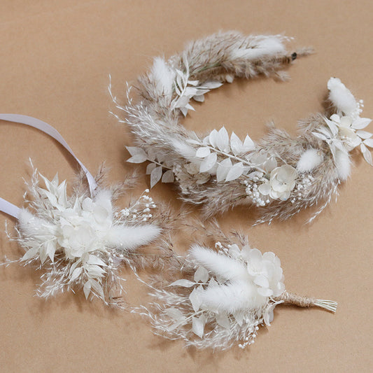 Dried Flower Crown Wedding Headband,Bridal bracelet boho corsage