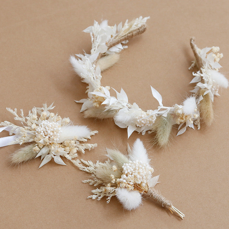 Dried Flower Crown Wedding Headband,Bridal bracelet boho corsage