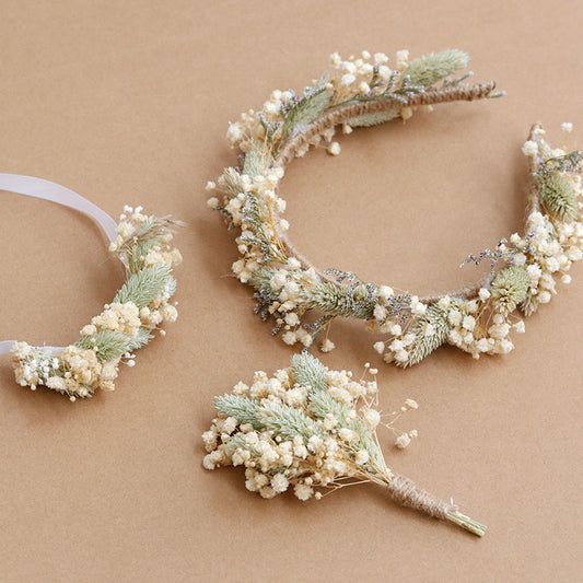 Dried Flower Crown Wedding Headband,Bridal bracelet boho corsage