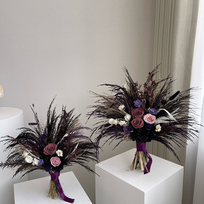 Purple dried roses bridesmaid bouquet