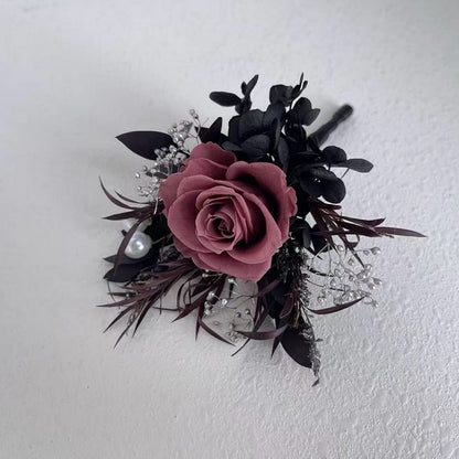 purple dried roses buttonhole