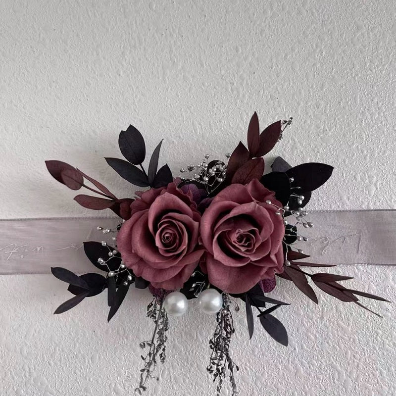 purple dried roses corsage