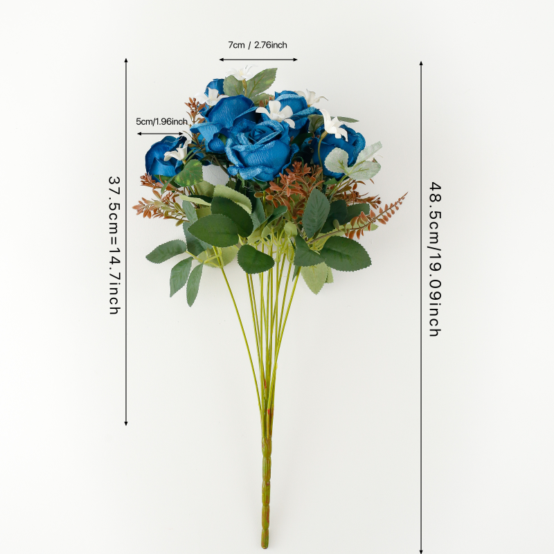 Stem of artificial blue roses showing measurements and dimensions.
