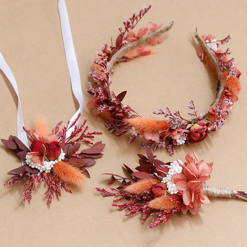 Dried Flower Crown Wedding Headband,Bridal bracelet boho corsage