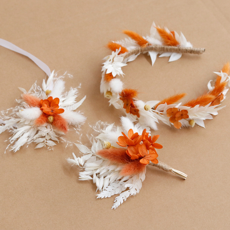 Dried Flower Crown Wedding Headband,Bridal bracelet boho corsage