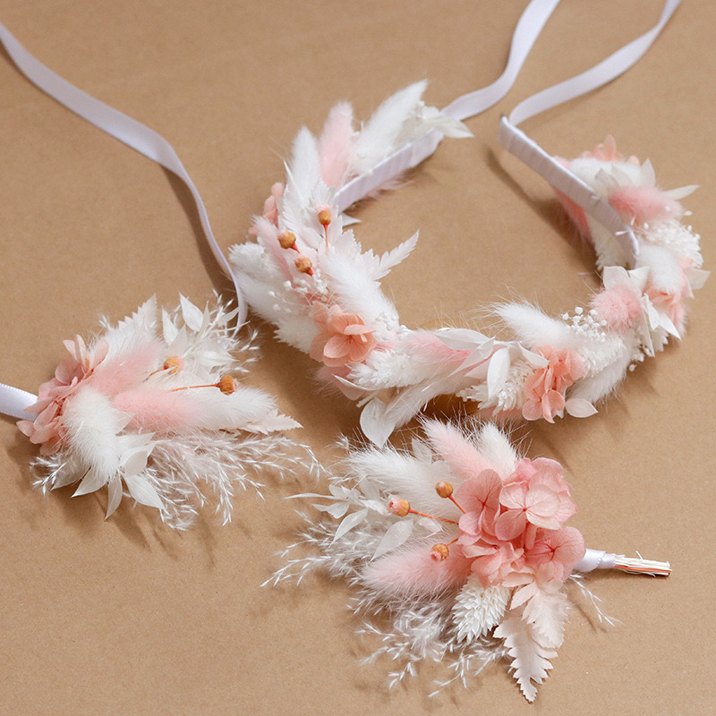 Dried Flower Crown Wedding Headband,Bridal bracelet boho corsage