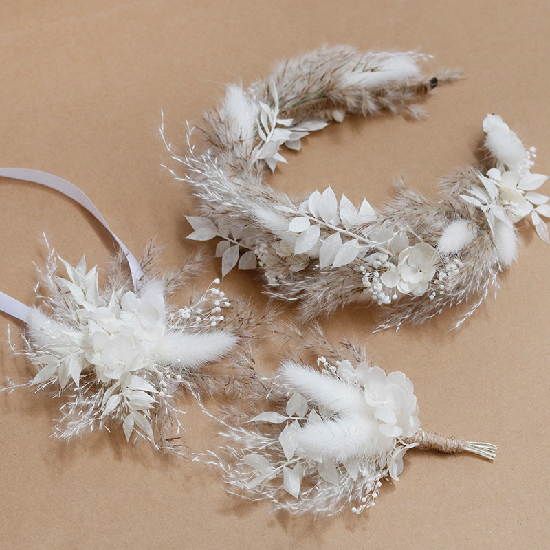 Dried Flower Crown Wedding Headband,Bridal bracelet boho corsage
