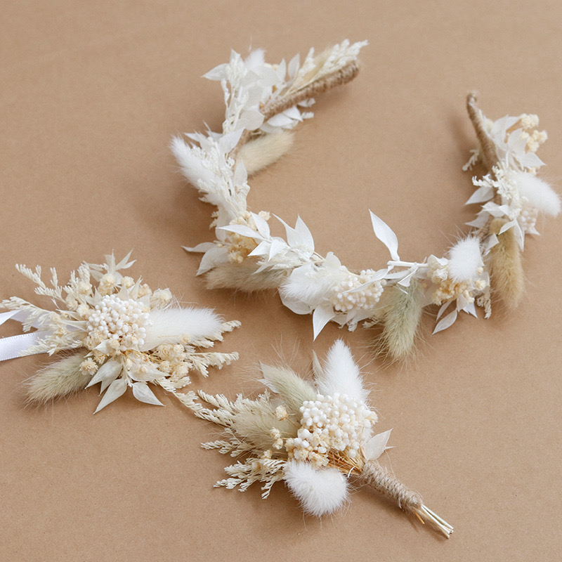 Dried Flower Crown Wedding Headband,Bridal bracelet boho corsage