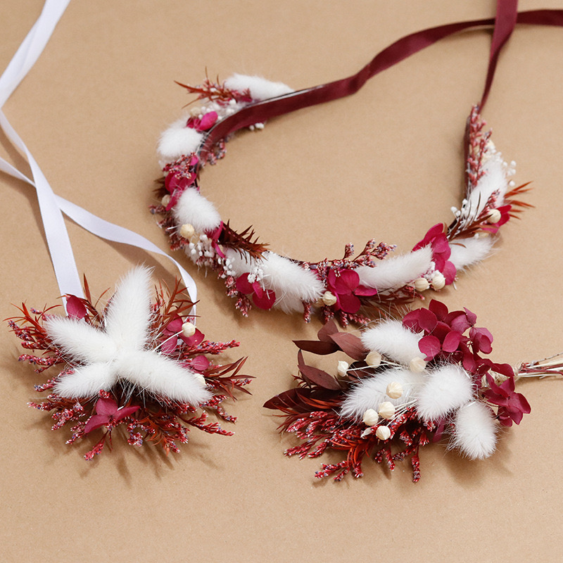 Dried Flower Crown Wedding Headband,Bridal bracelet boho corsage-Red