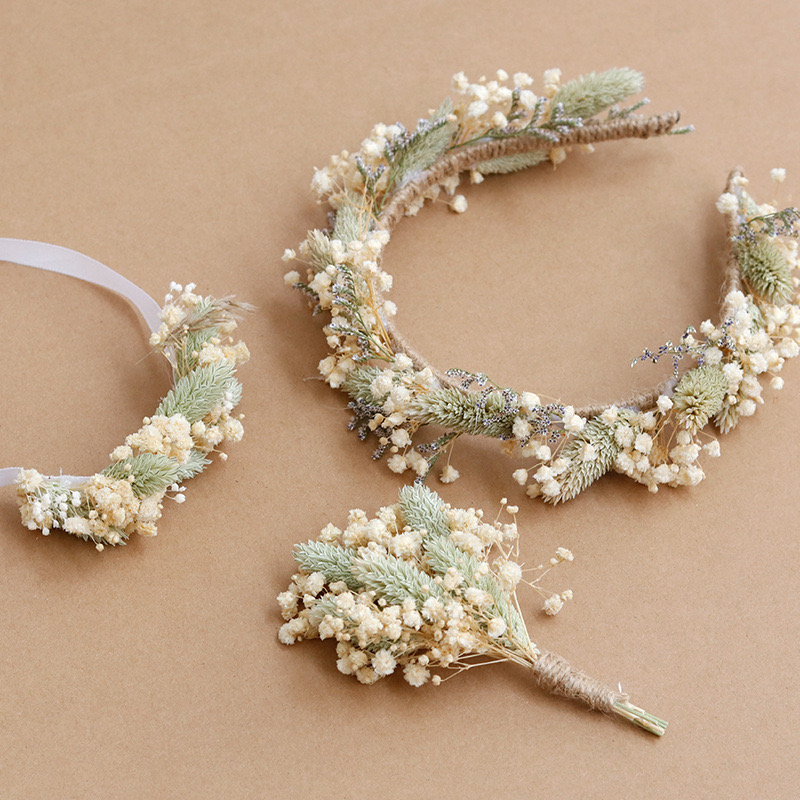 Dried Flower Crown Wedding Headband,Bridal bracelet boho corsage-Green