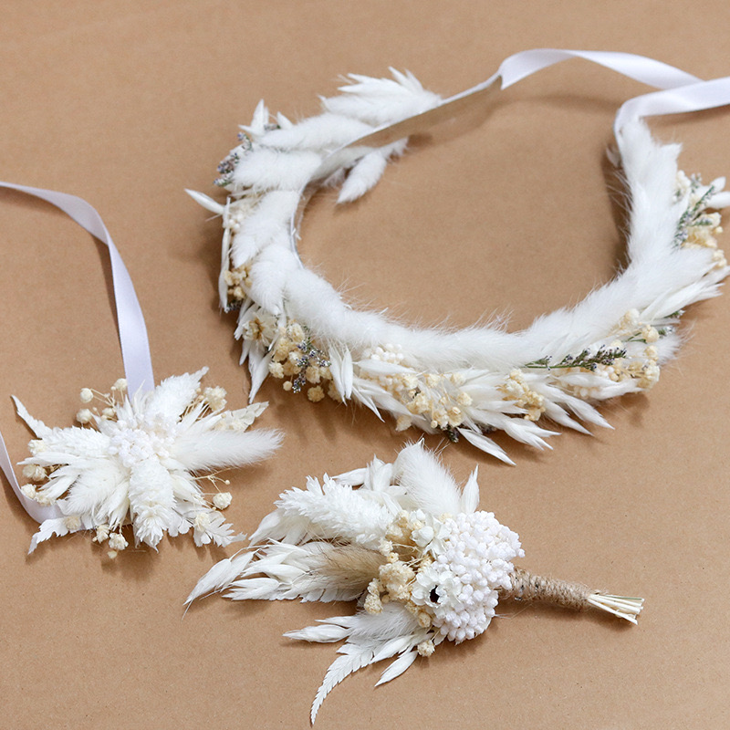 Dried Flower Crown Wedding Headband,Bridal bracelet boho corsage
