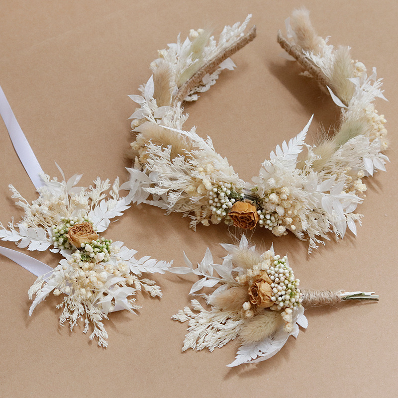 Dried Flower Crown Wedding Headband,Bridal bracelet boho corsage