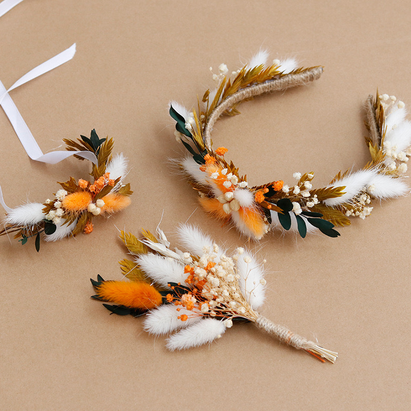 Dried Flower Crown Wedding Headband,Bridal bracelet boho corsage