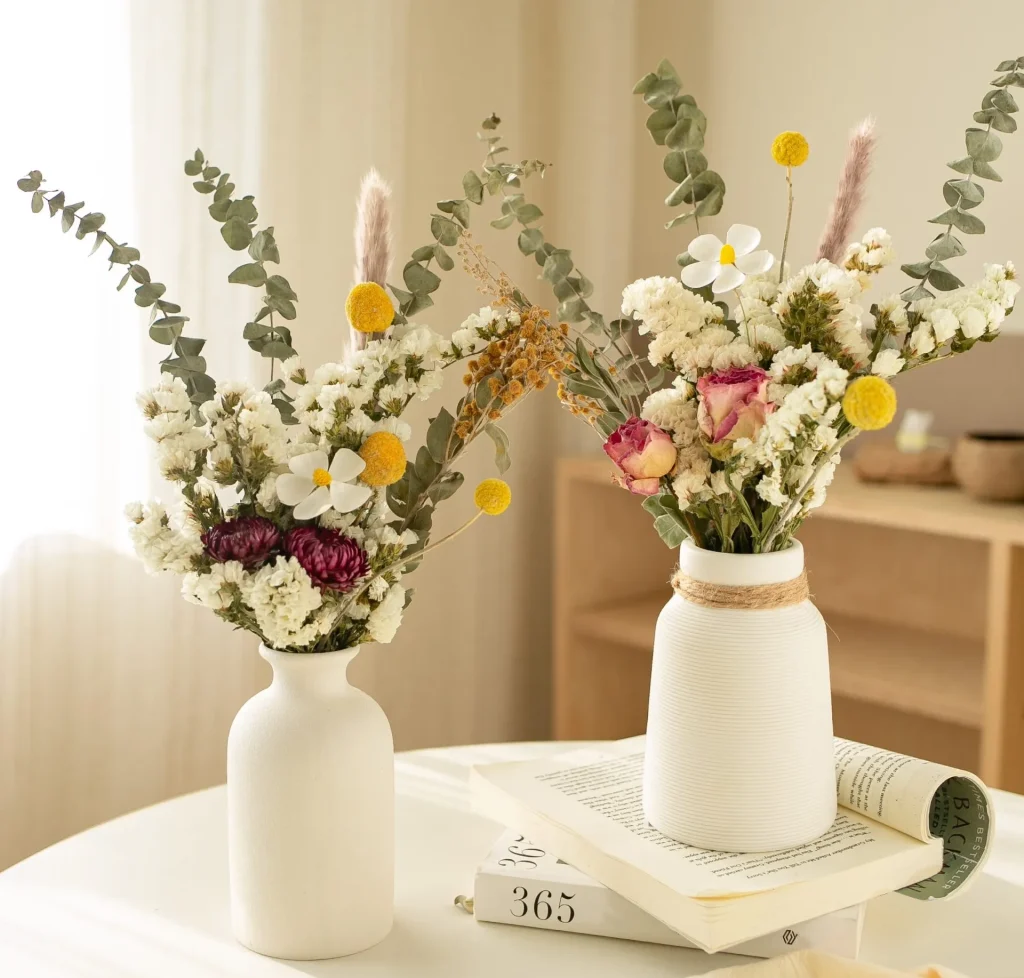 Display of two vases with dried and preserved flowers on a table in a home - prefect display for those with busy lives
