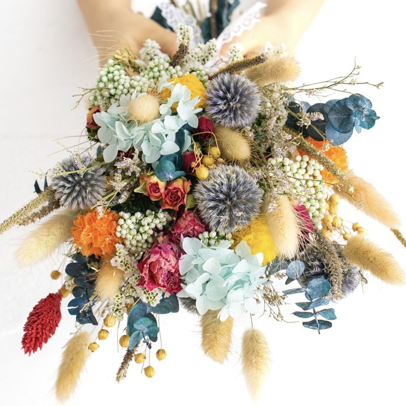 blue dried flower bridal bouquet