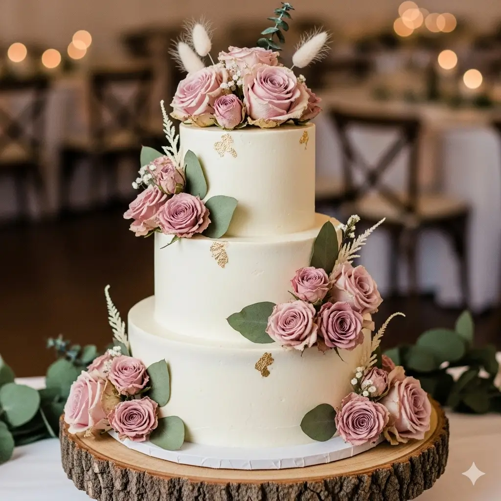 Dried roses on a wedding cake