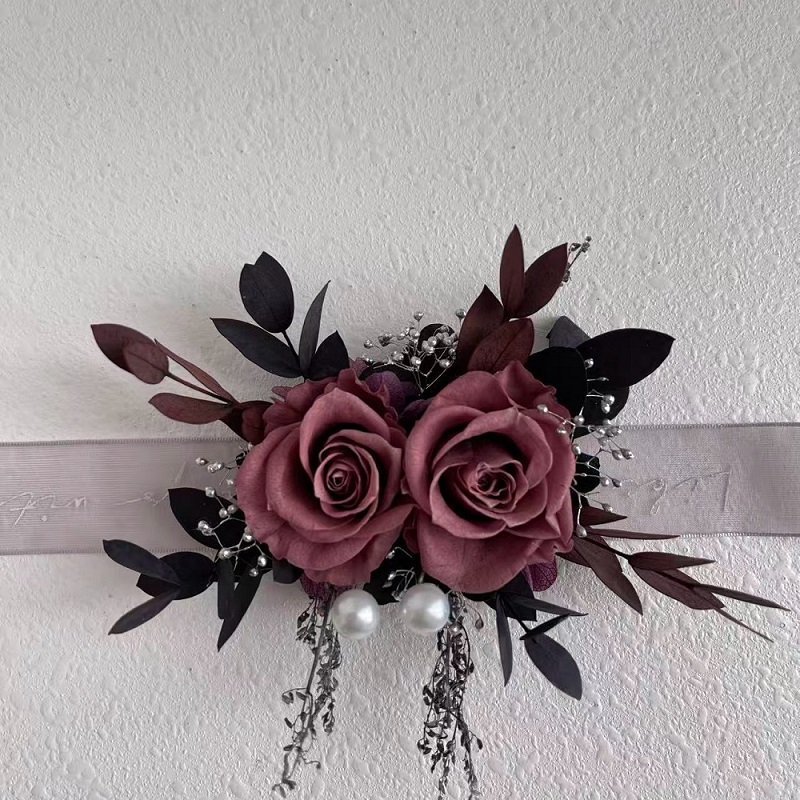 purple dried roses corsage
