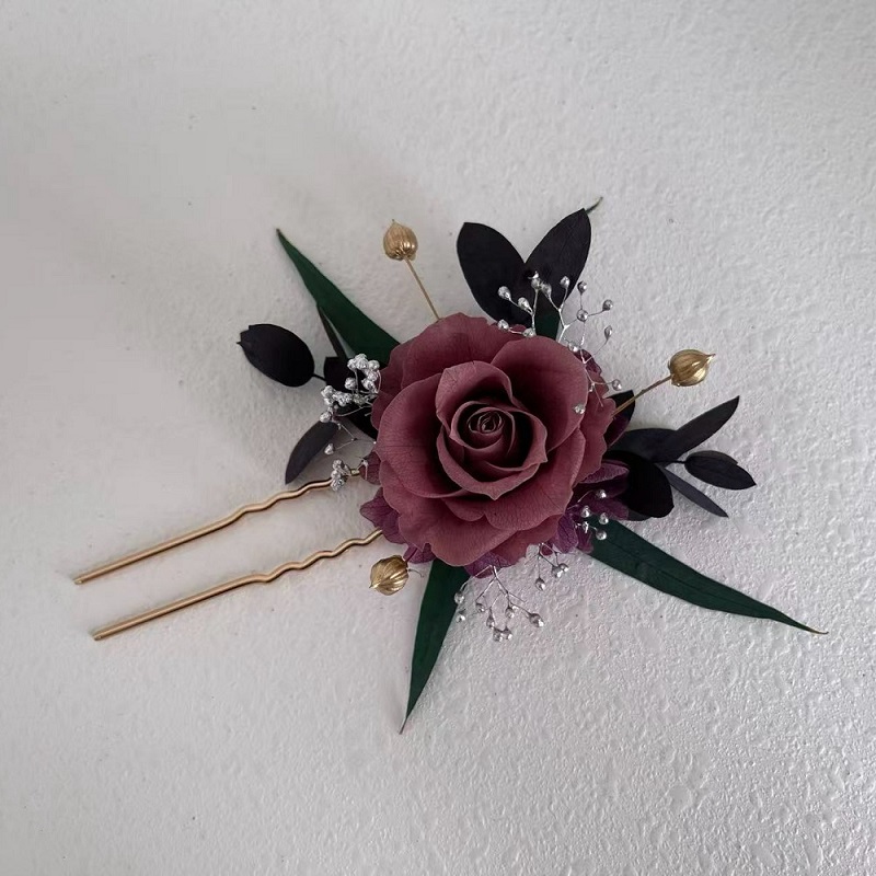 purple dried roses hair pin